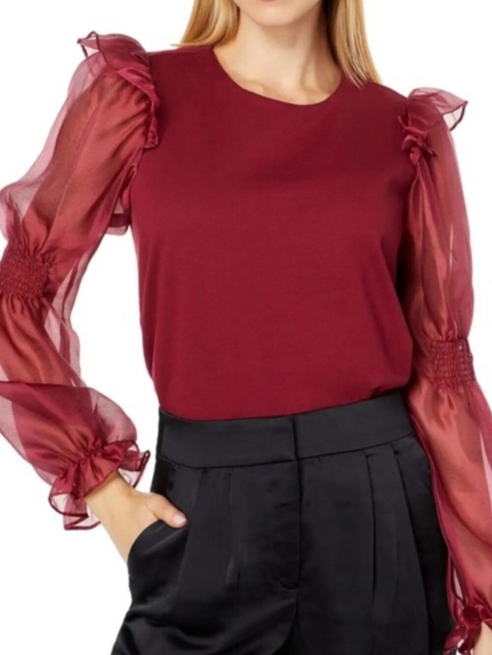 Anthropologie Burgundy Puff-Sleeve Blouse,Size S/M